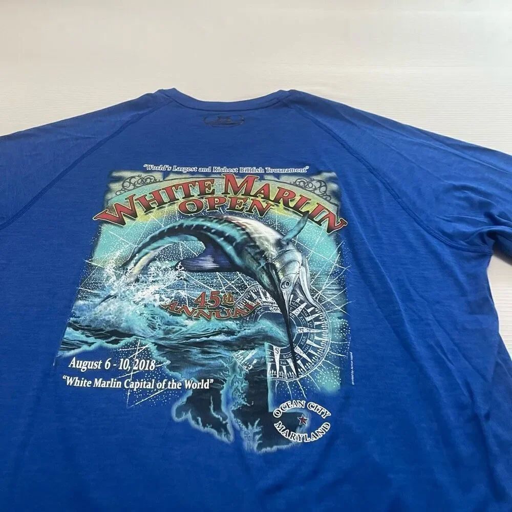 Under Armour Heat Gear Loose Fit White Marlin Open Navy Blue T-Shirt Size XL